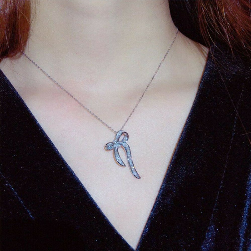FIRM 925 Silver Italy Chain & White Sapphire Bow Pendant - Picture 4 of 7